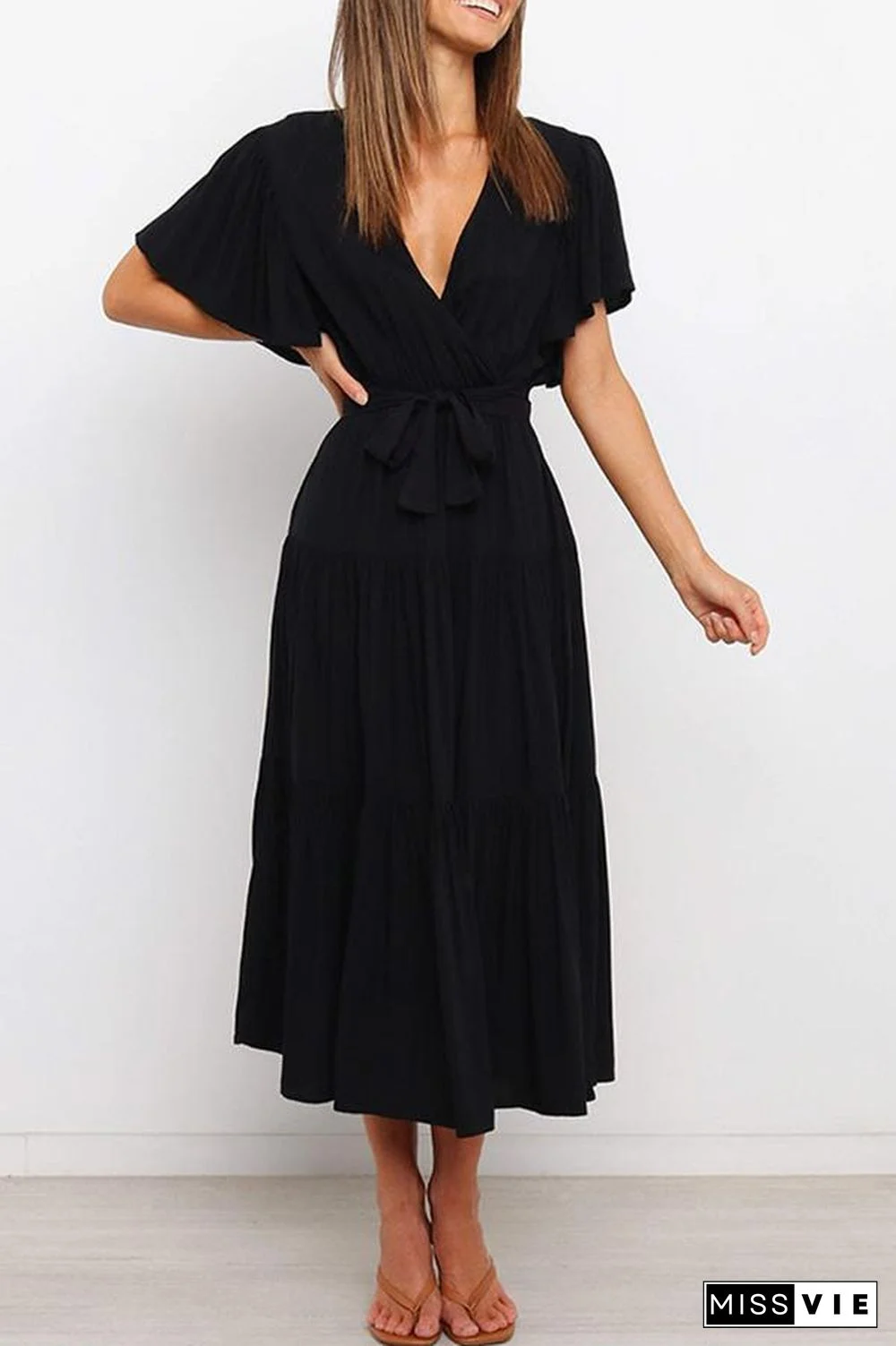 Ruffled Sleeve V-neck Tie Waist Maxi Dress P14492