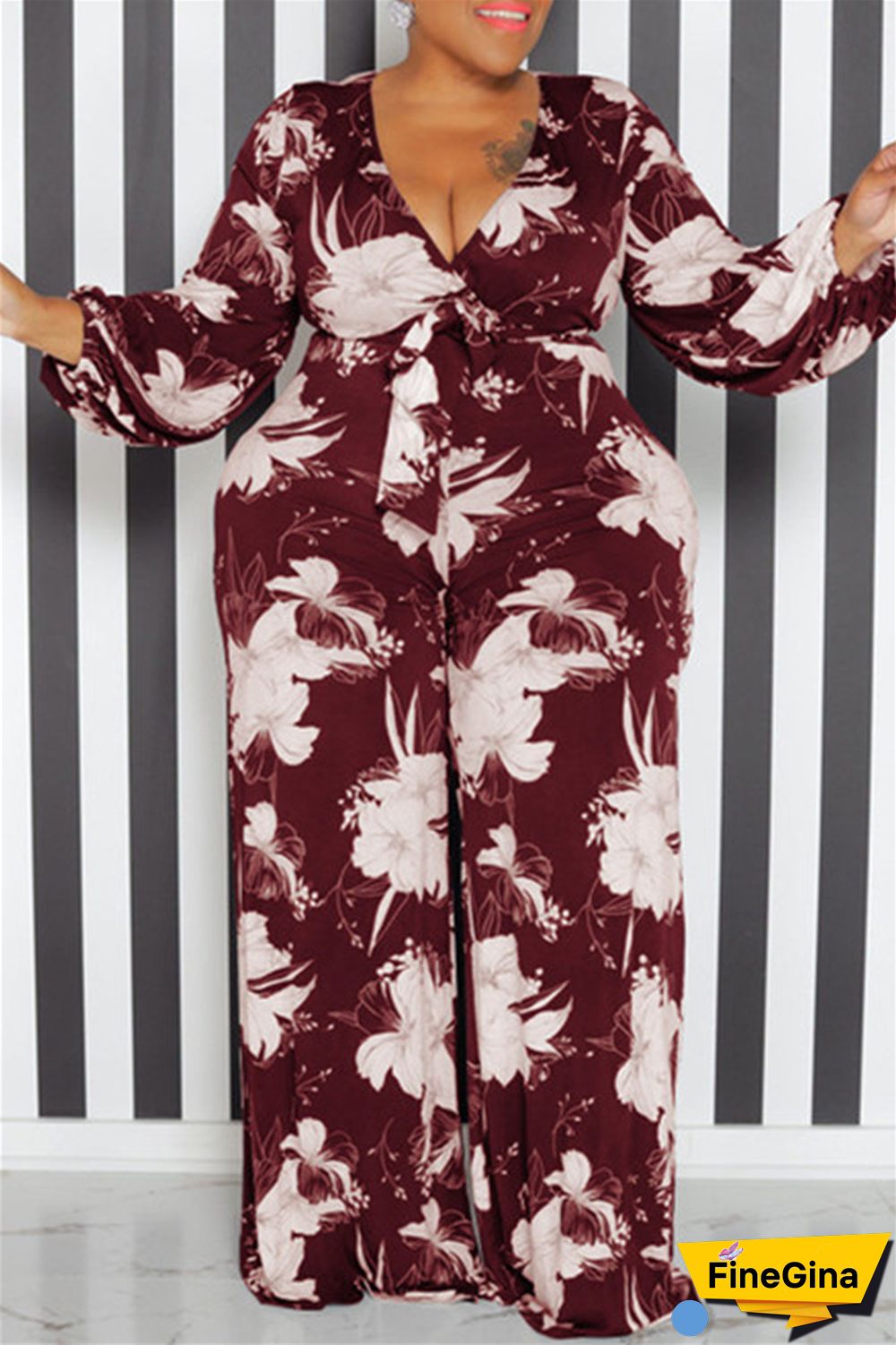 Yellow Casual Print Patchwork V Neck Plus Size Jumpsuits