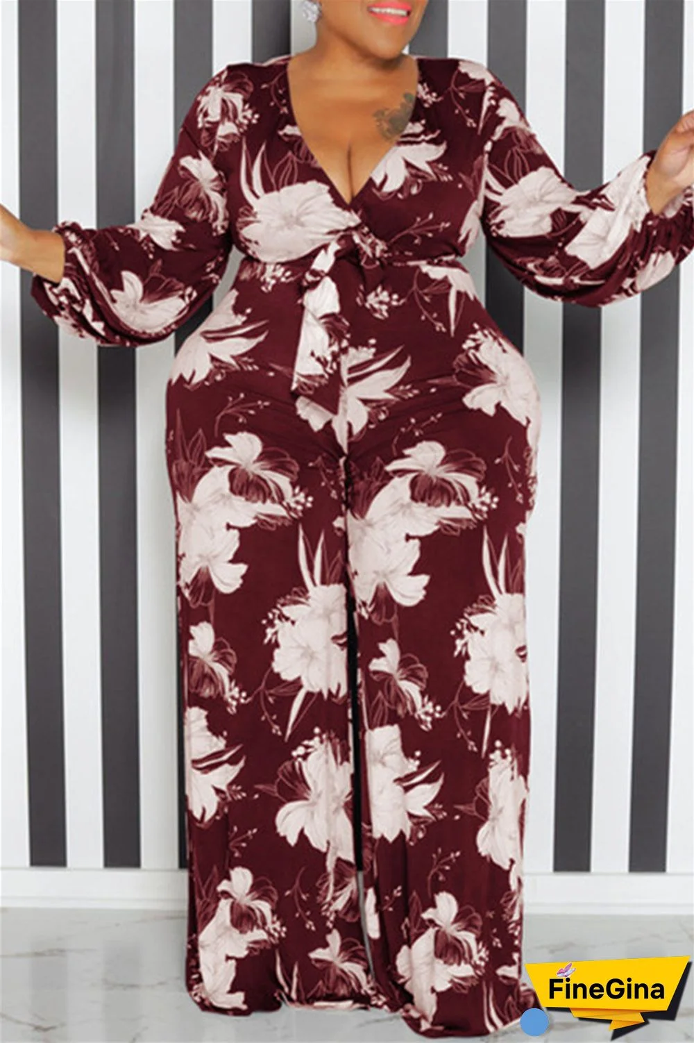 Yellow Casual Print Patchwork V Neck Plus Size Jumpsuits