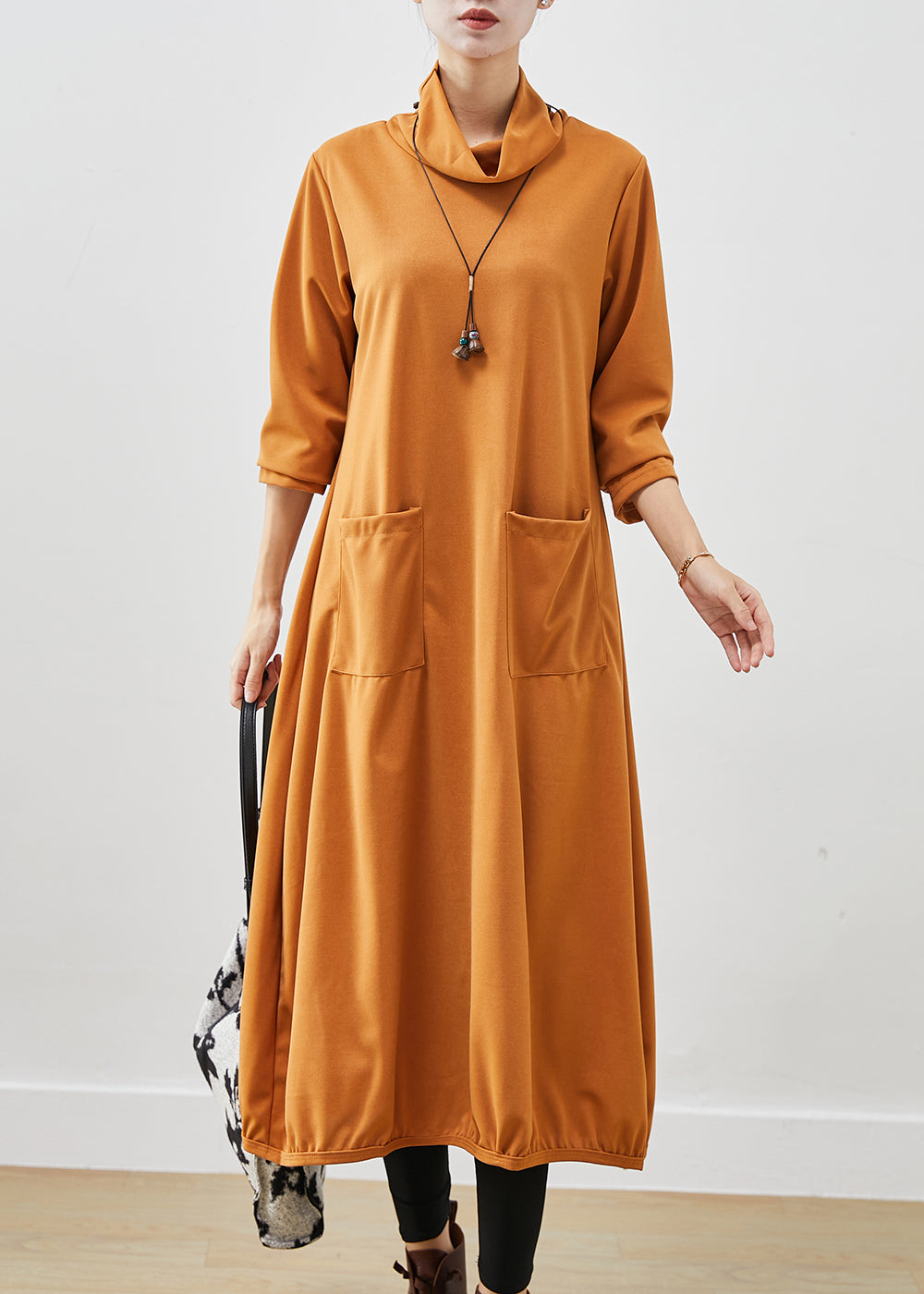 VCSHOES Orange Turtle Neck Warm Fleece Robe Dresses Fall