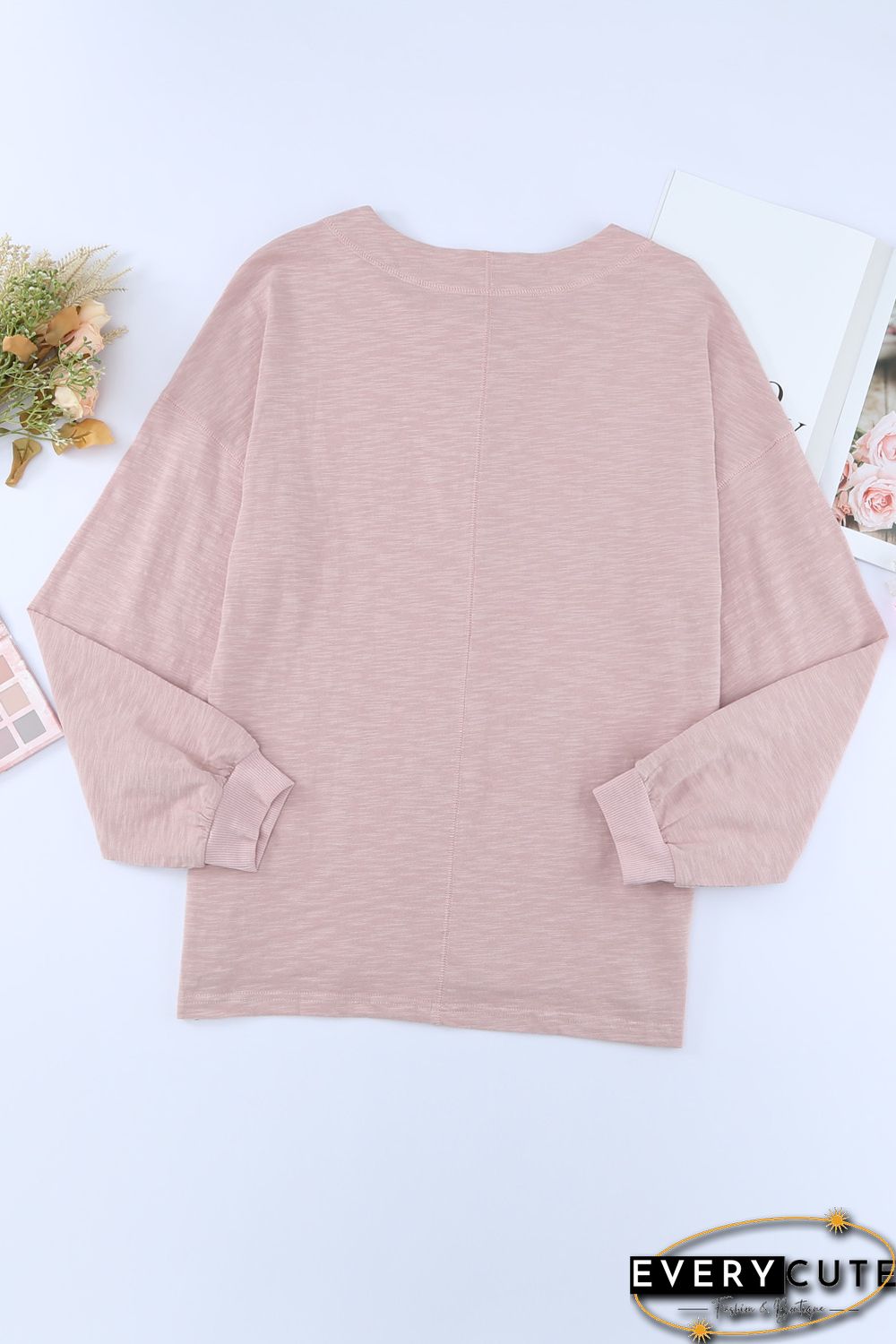 Pink Solid Color Buttoned Front Long Sleeve Top