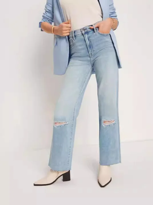 Woherb Direct Fashion Women High Waist Casual Straight Tube Hole Loose Nine Minutes Jeans Wish-Outfit Ideas
