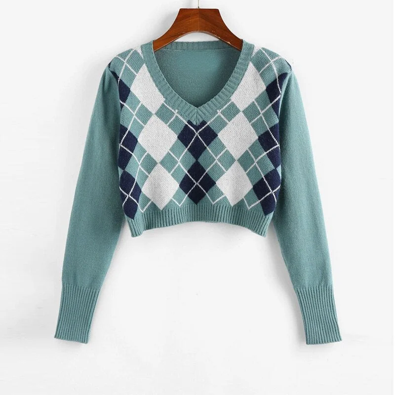 Cropped Argyle Sweater Women V Neck Long Sleeve Pullover Elegant Knit Sweater Top 2021 Fashion Za Style Autumn Jersey Mujer