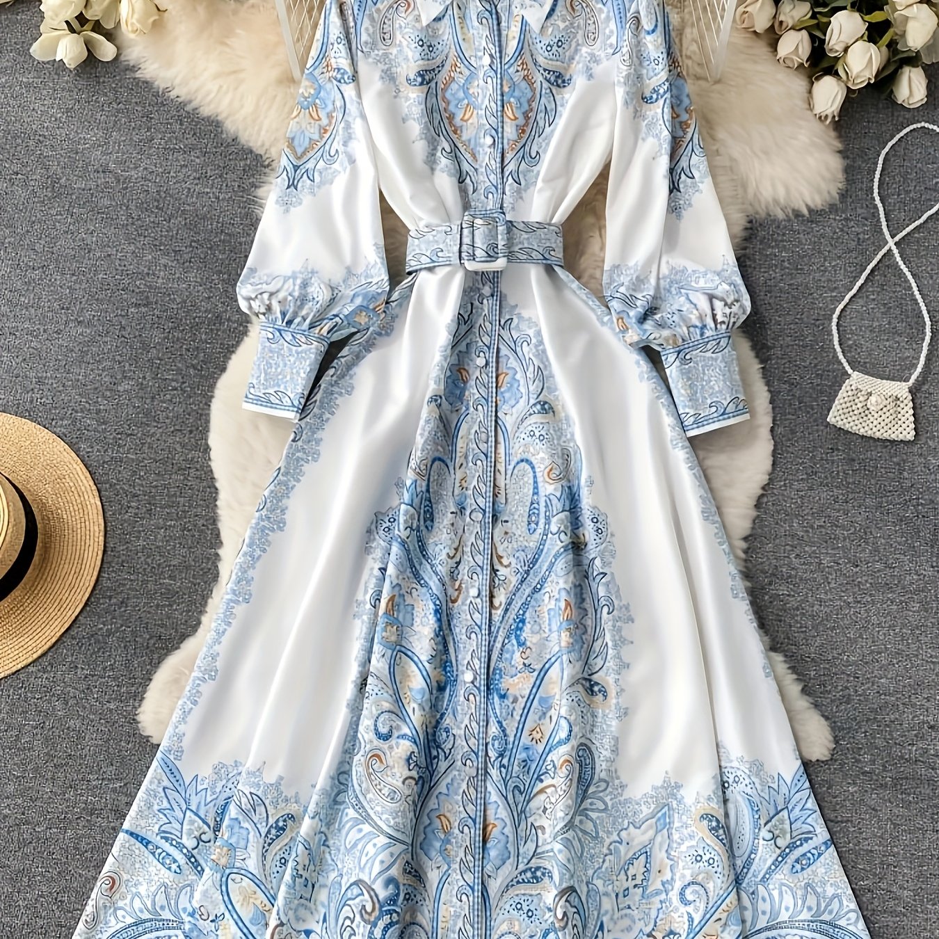 Elegant Bohemian Print Maxi Dress - Long Sleeve Floral Button-Front Dress with Belt