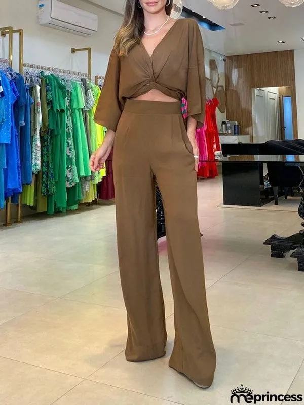 Solid Color Triangle Bras + Three-Quarter Sleeves Blouse + Pants Trousers Three Pieces Set