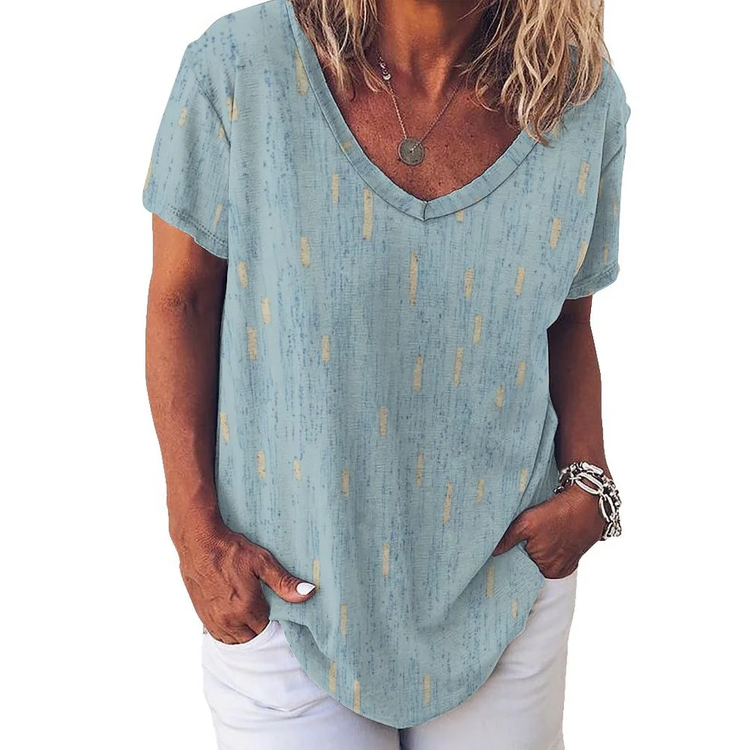 V-neck Short Sleeve Casual T-shirt for  Women Printed with Pattern Glitter, Blue