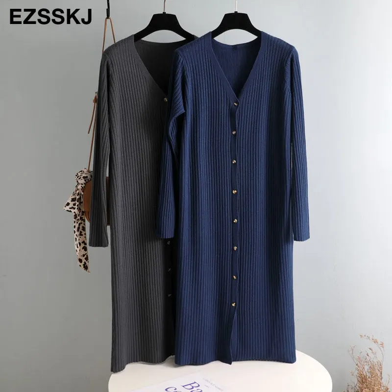 autumn winter v-neck STRAIGHT sweater dress chic oversize loose knit dress women long dress Female  chic sweater maixt dress