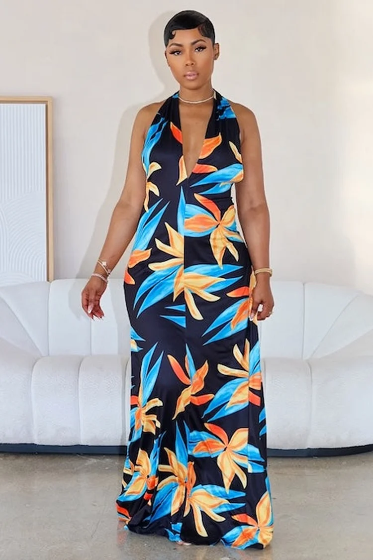 Sash Halter Backless Floral Print Vacation Maxi Dresses-Black [Pre Order]