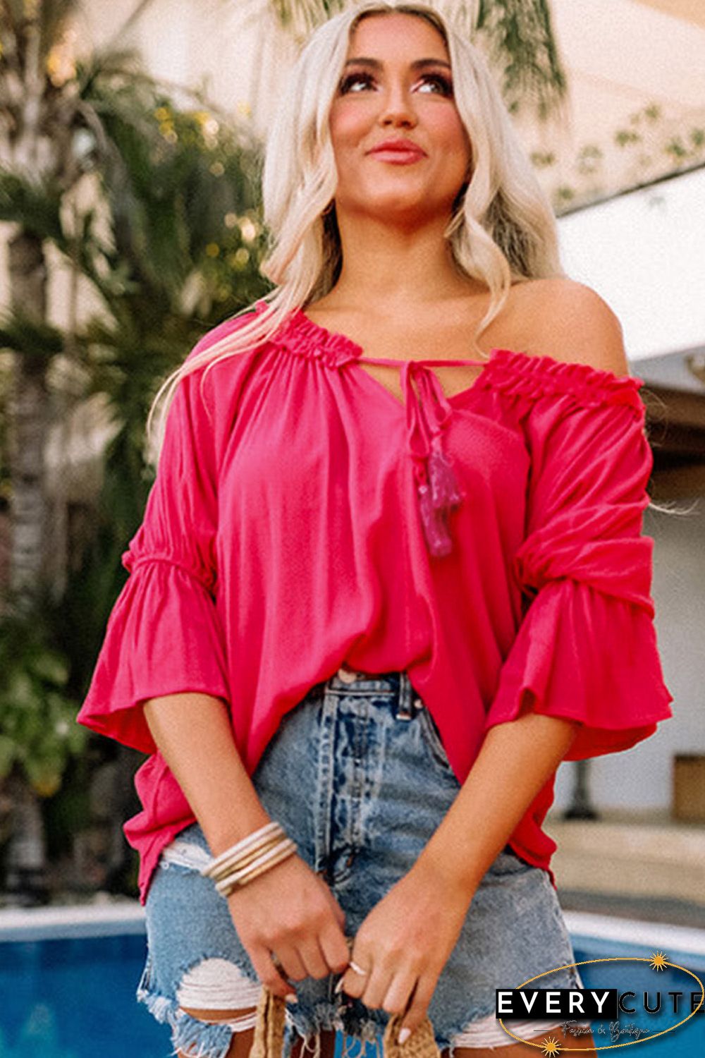 Rose Frilled Split V Neck Ruffled Sleeve Shift Top