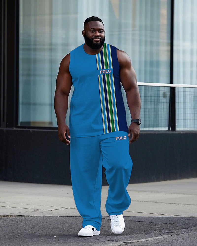 Big Men's Simple Splicing Blue Color Block Stripe POLO Letter Printed Vest and Pants Set
