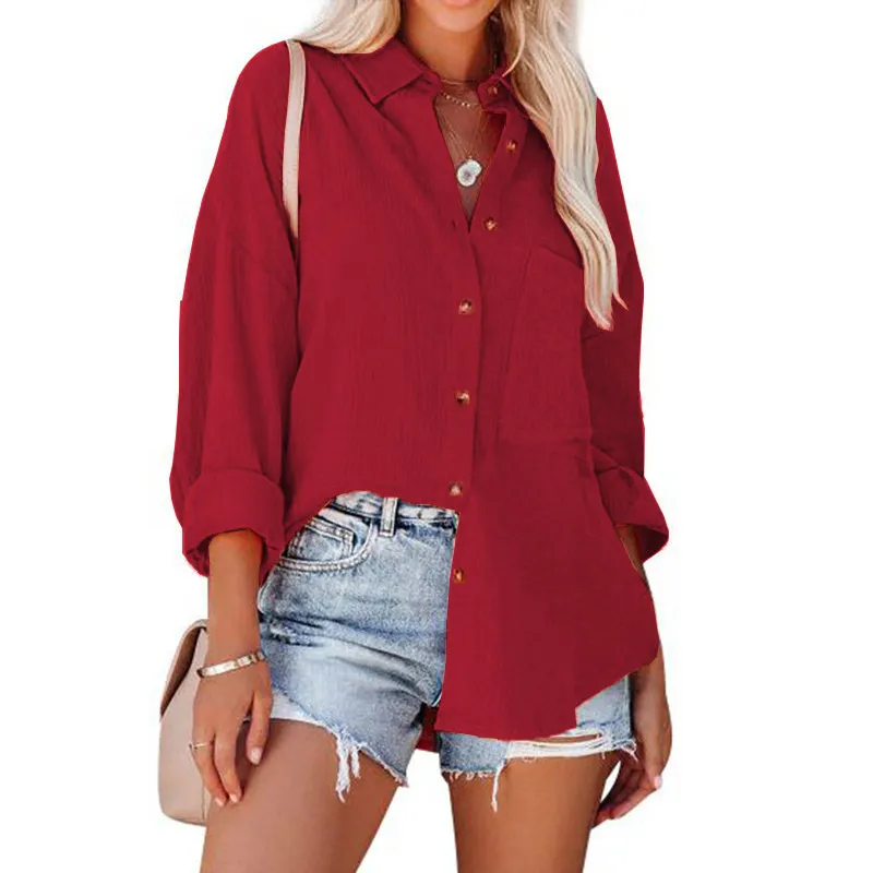 Textured Lapel Collar Button Down Oversized Long Sleeve Shirt