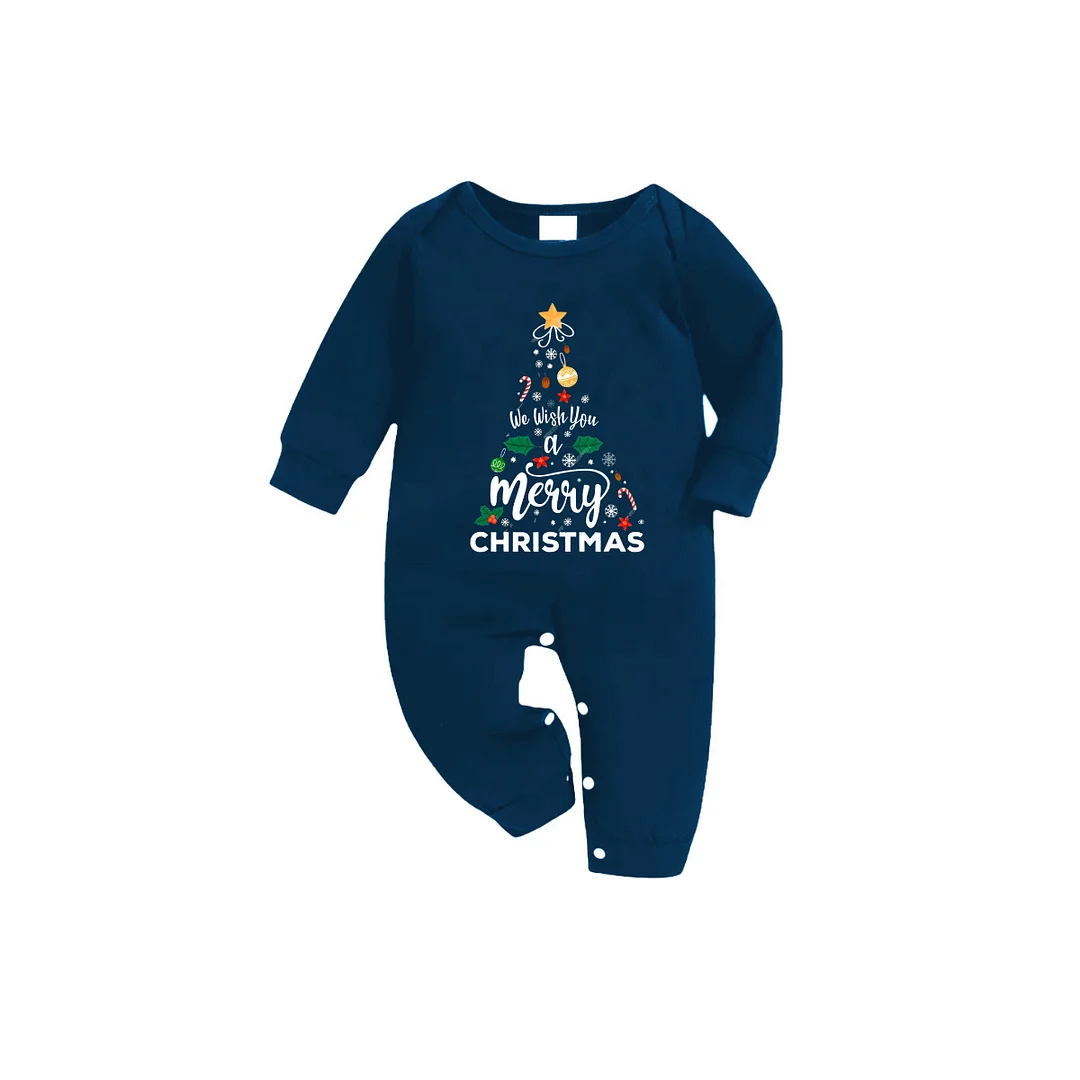 "We Wish You a Merry Christmas" Printed Blue Long Sleeve Top With Blue Plaid Family Matching Pajamas