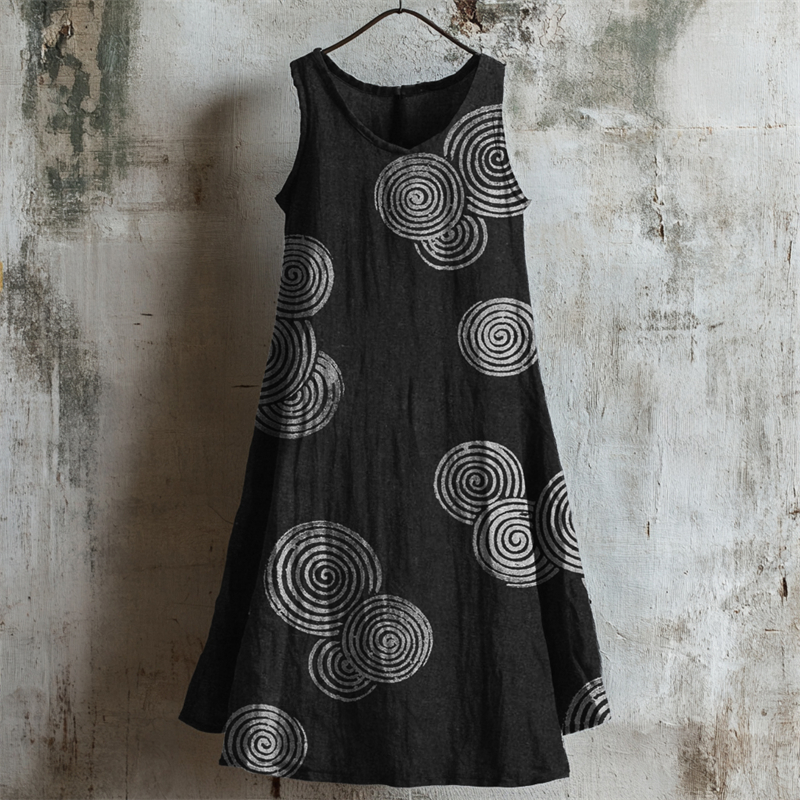 Comstylish Ripples Japanese Lino Pattern Linen Tank Dress