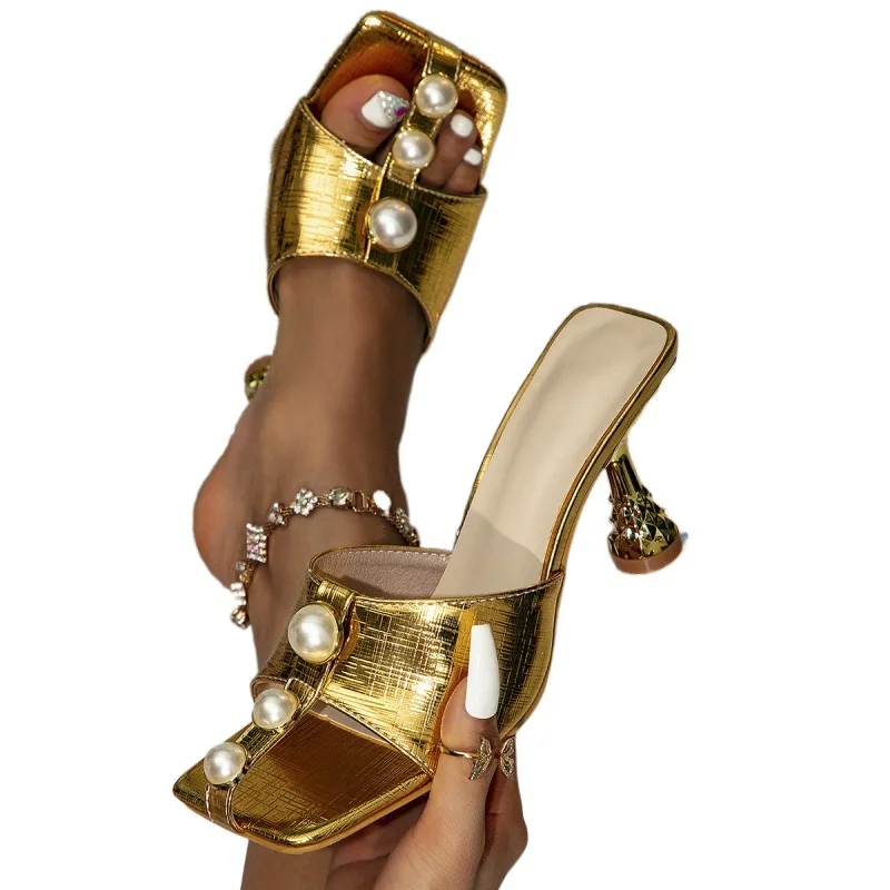 Yyvonne New Sexy Fashion Glass And Plating Side Head High-Heeled Sandals