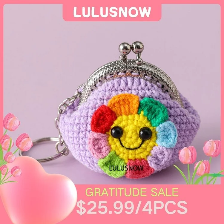 Lulusnow Handmade Purple Sunflower Small Money Pouch Crochet Coin Purse Keychain Bag Pendant Gift for Her/Friend/Kids/Christmas/Easter