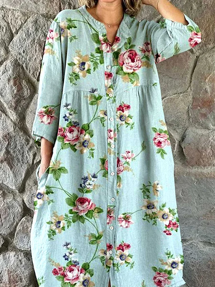 Women's Resort  Art Rose Floral Cotton Shirt Dress