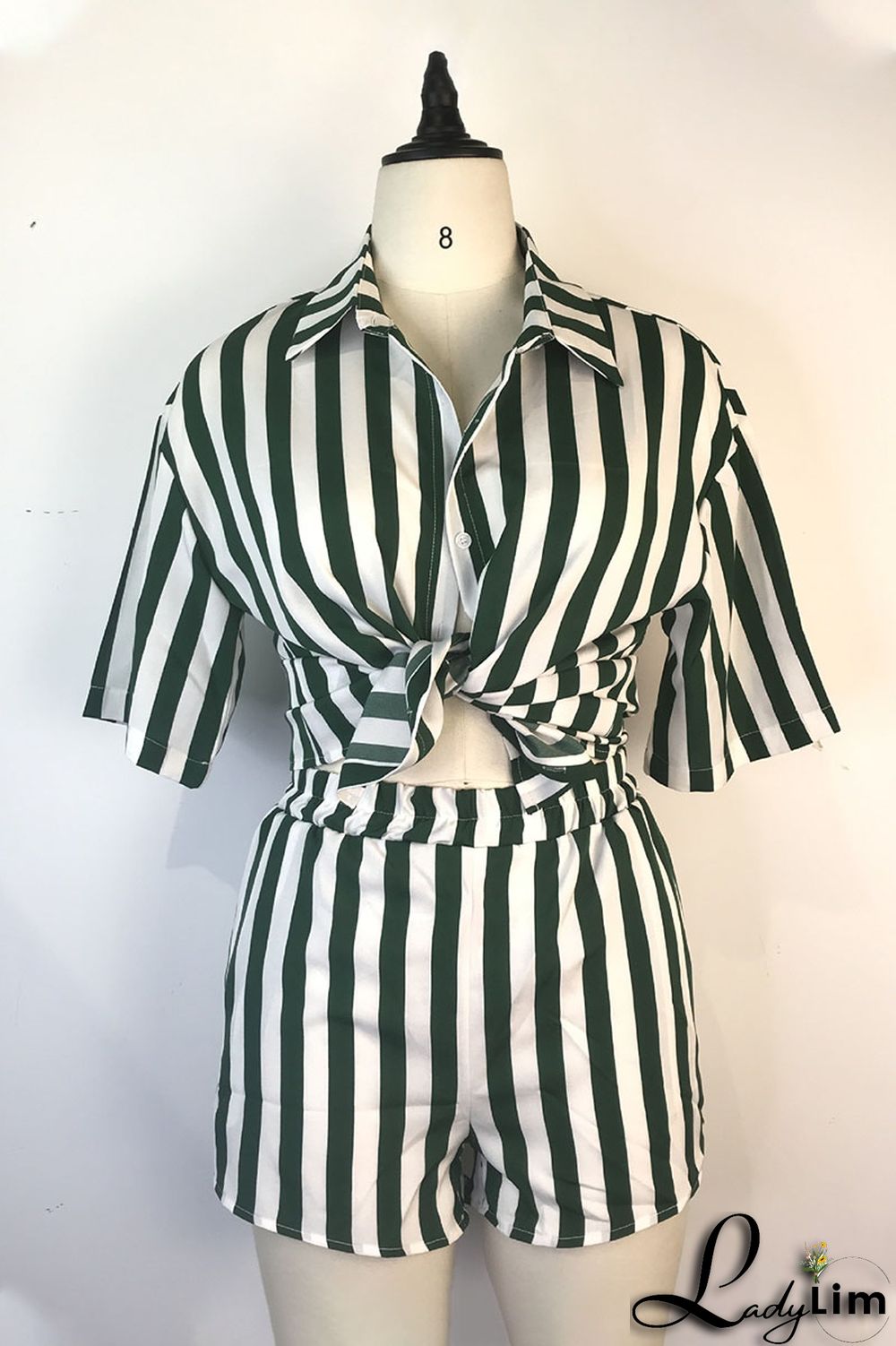 Green Casual Striped Print Patchwork Buckle Turndown Collar Short Sleeve Two Pieces