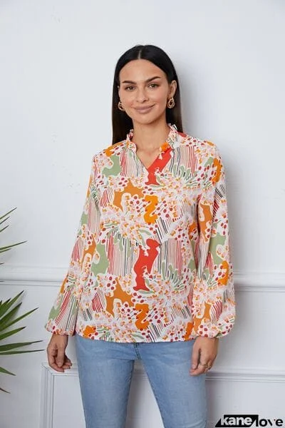 Floral Frill Notched Long Sleeve Blouse