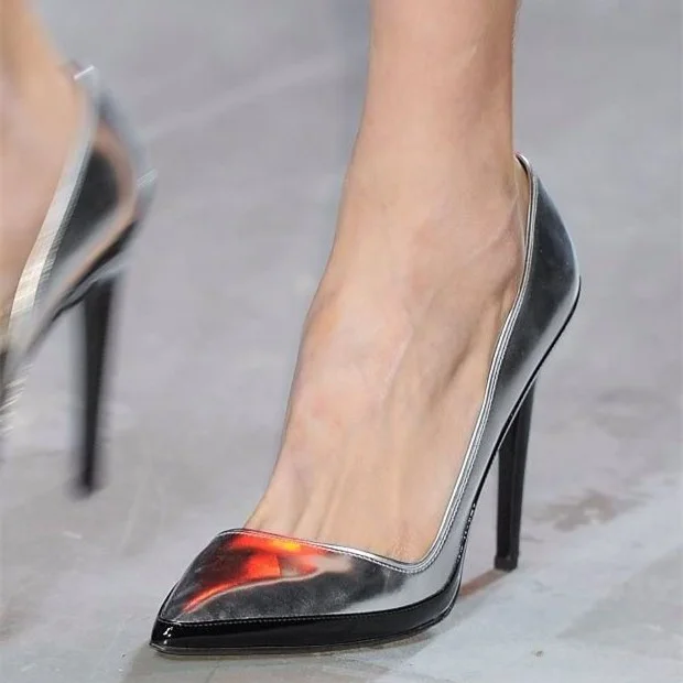 Silver and Black Patent Leather Stiletto Pumps Vdcoo