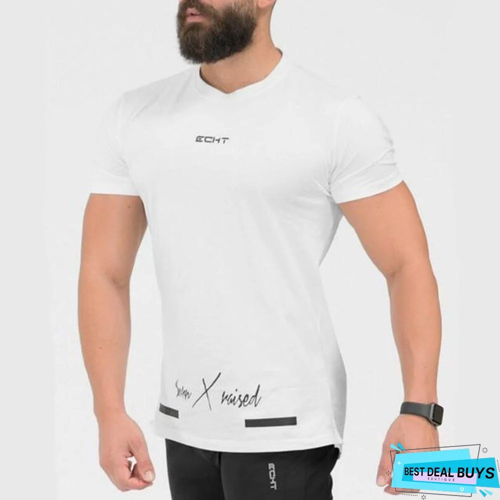 Mens Short Sleeve Cotton T-Shirt Gyms Fitness Workout T-Shirt Male Casual Print O-Neck Slim Tees