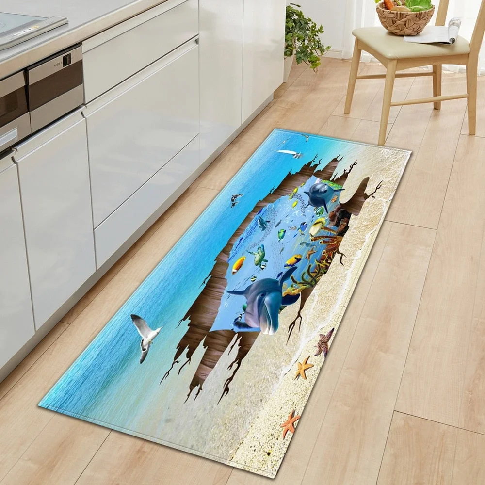 3D Ocean World Fish Carpet Kitchen Mat Entrance Doormat Bedroom Home Floor Decoration Living Room Carpet Bathroom Anti-slip Rug