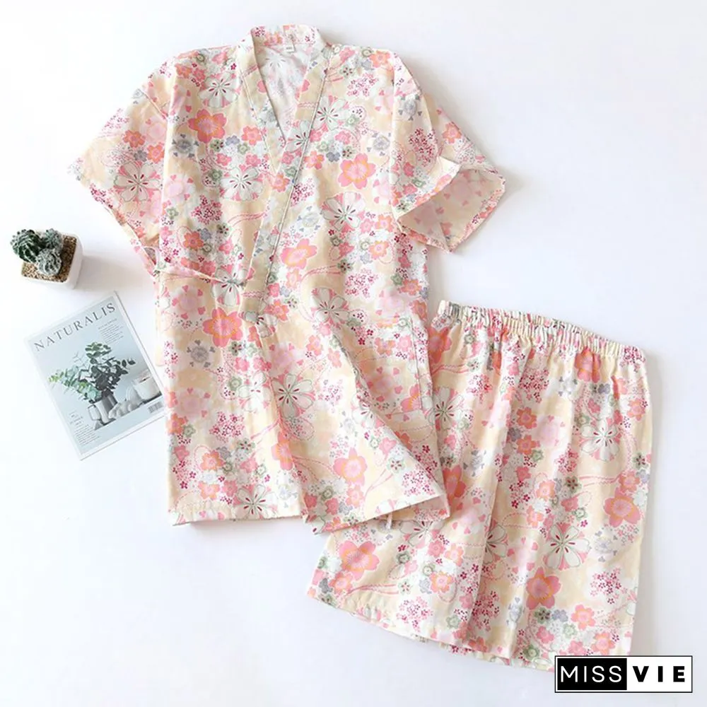 Floral Print Kimono Lace Up Pajamas Set
