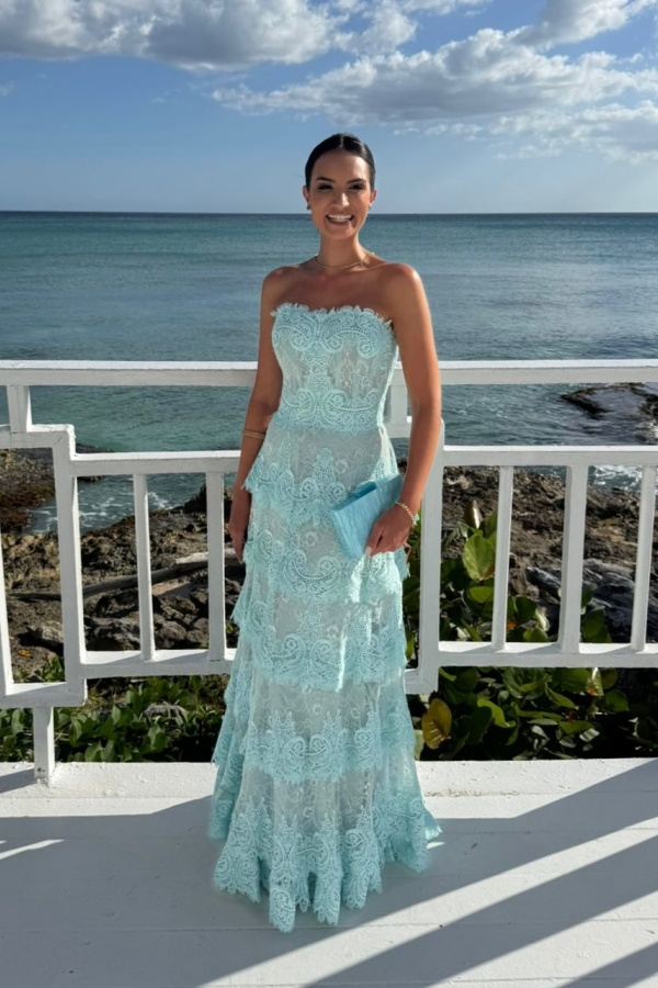 Mollymuna | Mint Green Strapless Prom Dress Tiered Ruffle with Applique WQ0306