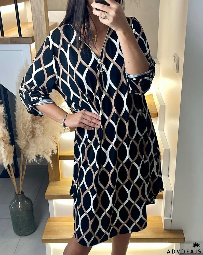 Printed Rhombus Zip Dress