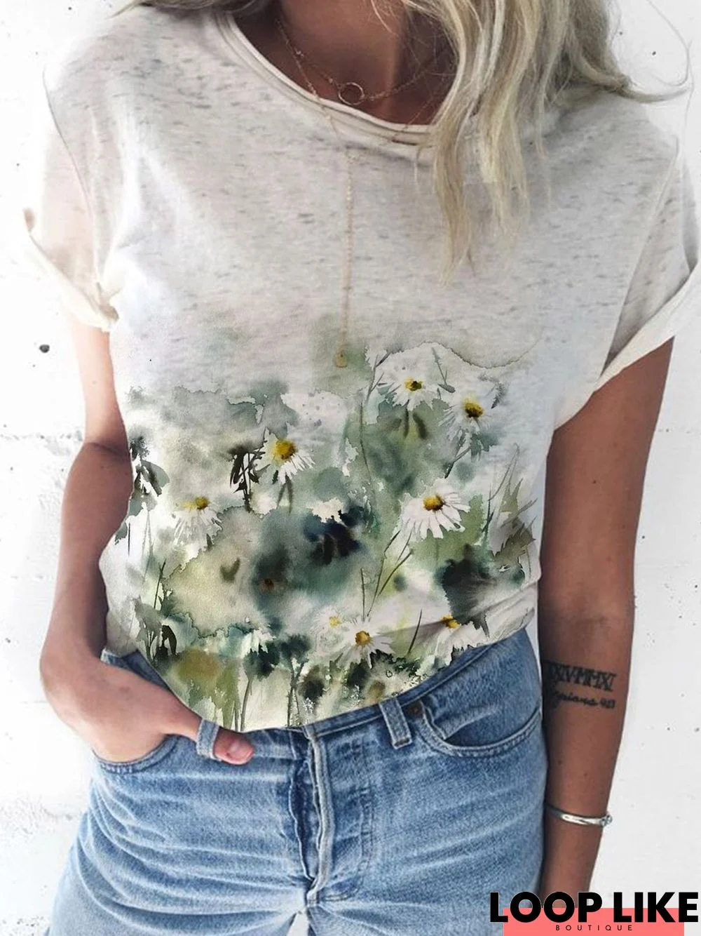 Cotton-Blend Floral Short Sleeve Casual T-shirt