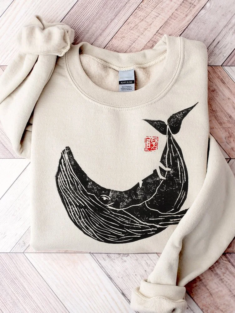 Whale Ancient Japanese Lino Art Comfy Sweatshirt / DarkAcademias /Darkacademias