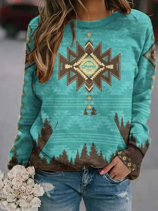 Vintage Print Sweatshirt Women Autumn Fashion Pocket O Neck Long Sleeve Streetwear Hoodies Female Plus Size Casual Pullovers