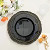 10 Pack | 9" Black / Gold Scalloped Rim Plastic Dinner Plates, Disposable Party Plates