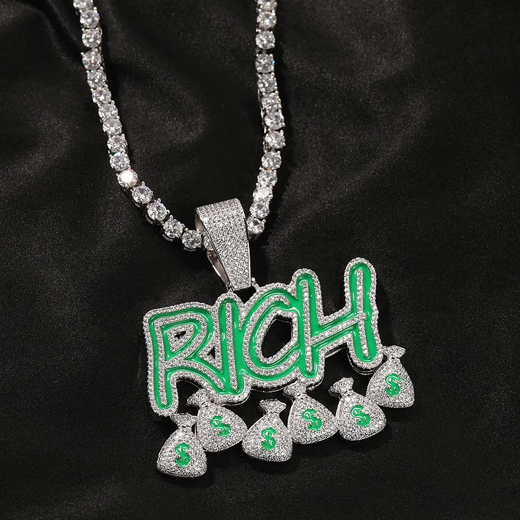 Iced Out Luminous Rich Dollar Sign Fluorescenc Money Bag Pendant Necklaces-VESSFUL