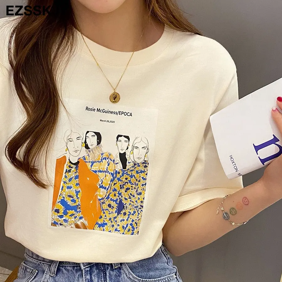 Pure cotton t-shirt women's summer ins short-sleeved 2021 new sanding bottoming shirt  loose printed t-shirt top