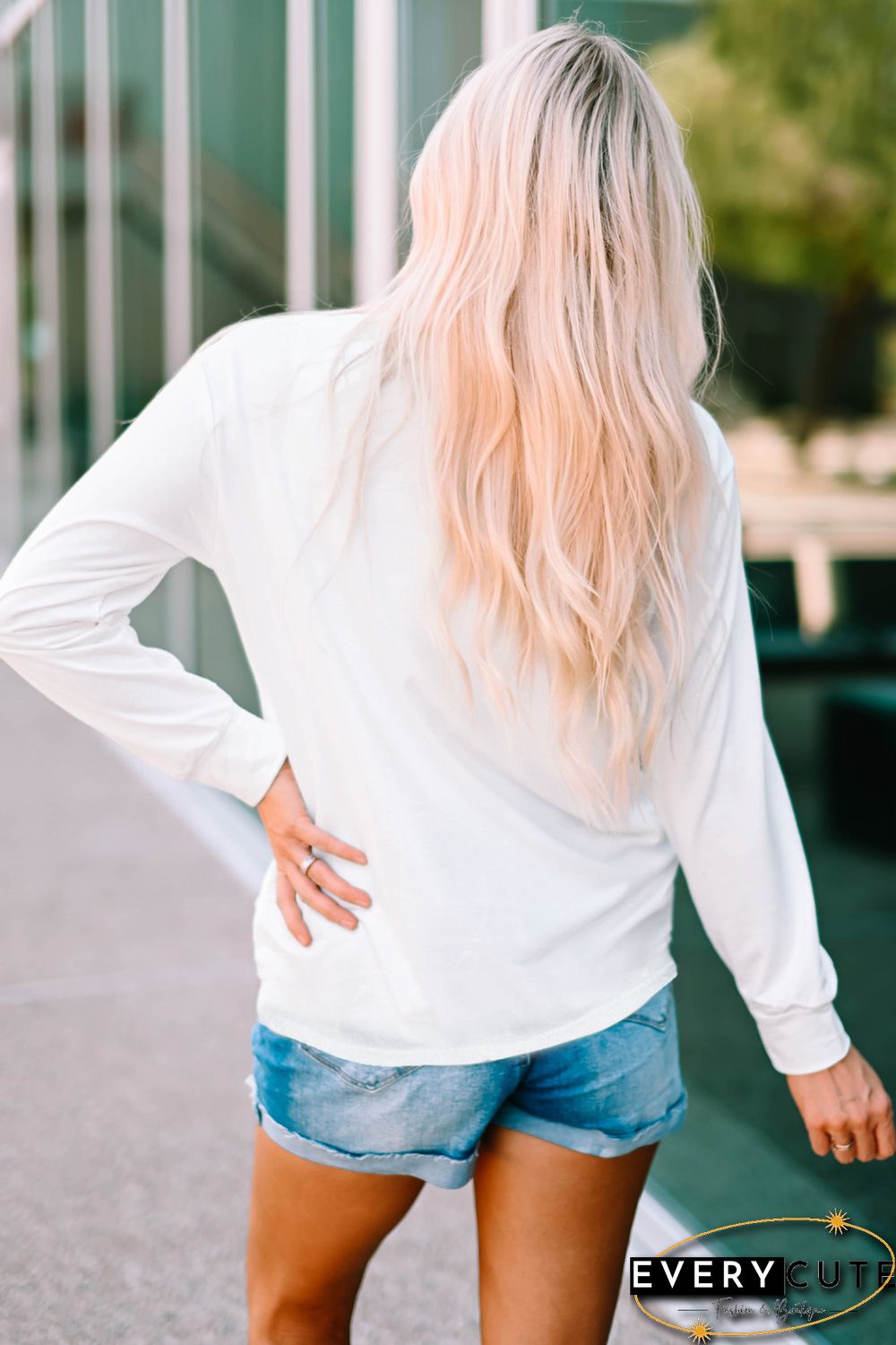 White Be Happy Floral Print Crewneck Long Sleeve Top