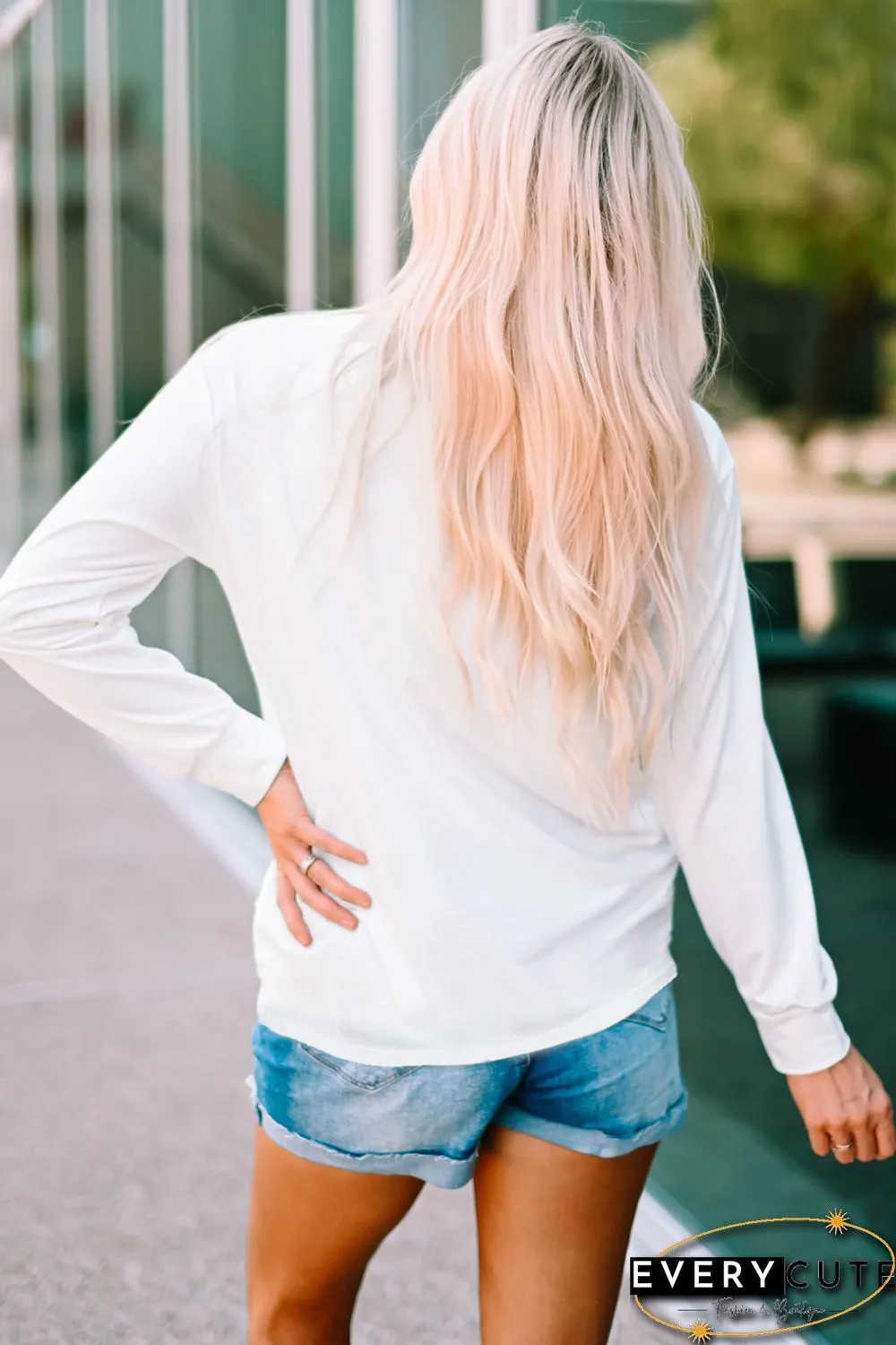 White Be Happy Floral Print Crewneck Long Sleeve Top