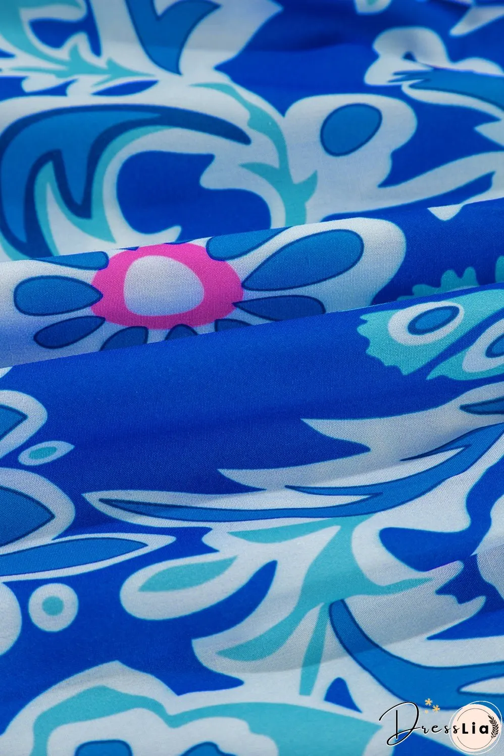 Blue Mix Floral Printed Lace Detail Bracelet Sleeve Blouse