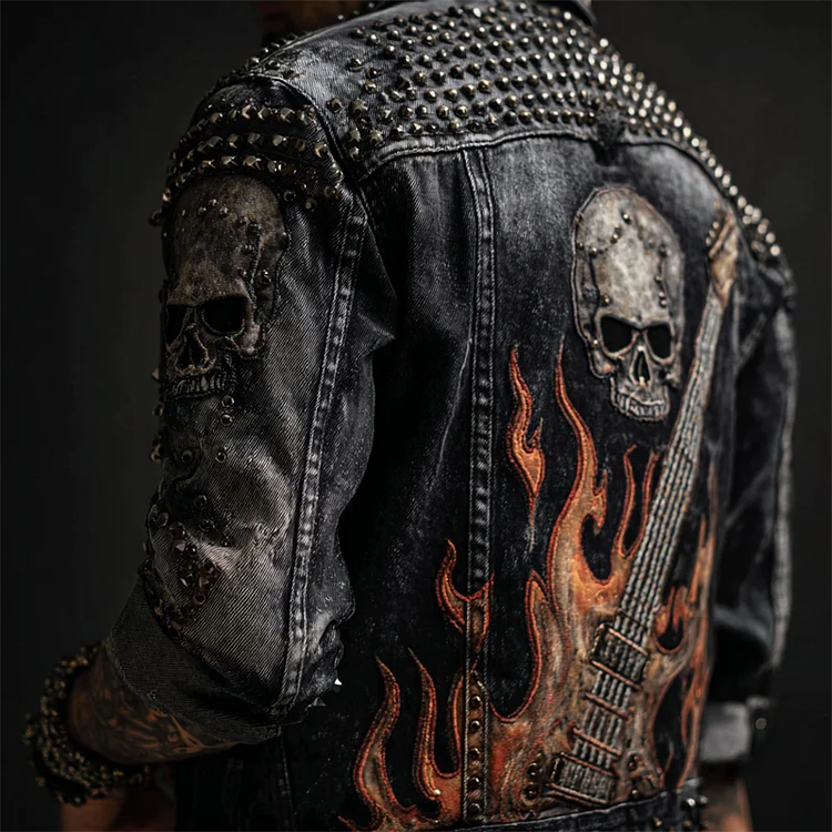 Men's Rock Skull &guitar Flame Studded Washed Denim Jacket