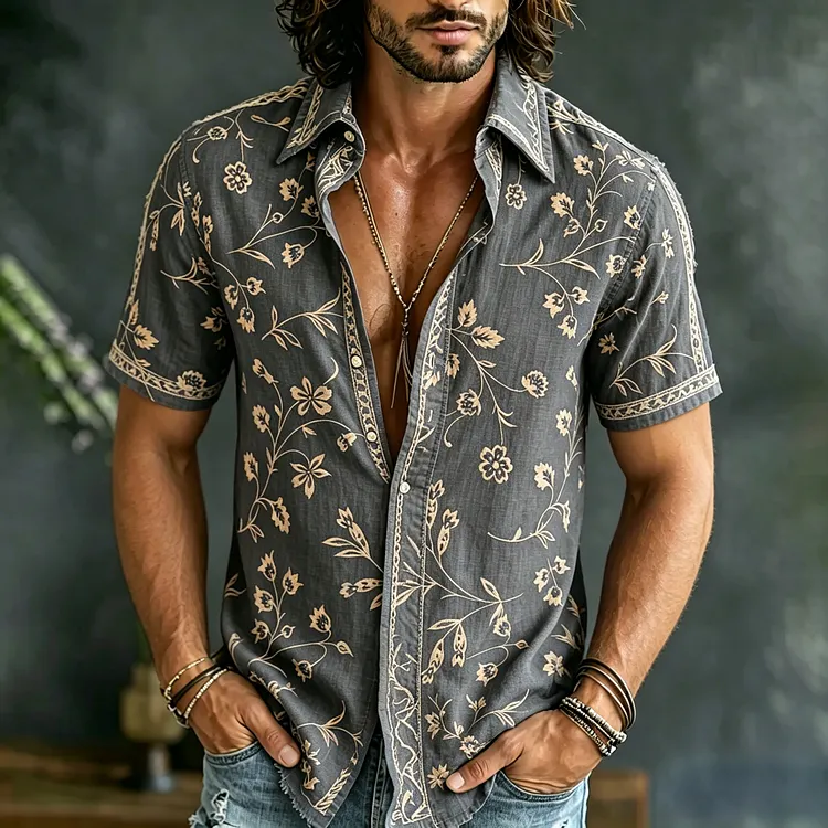 Men's Spring Summer Floral  Embroidered Art Print Flowy Linen Blend Short Sleeve Shirt