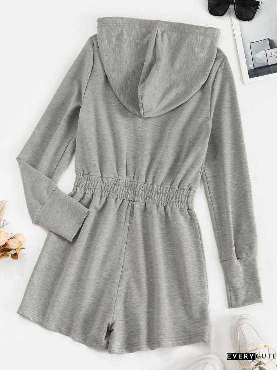 Drawstring Hooded Zip Front Sweat Romper for Women