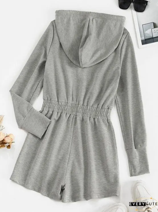 Drawstring Hooded Zip Front Sweat Romper for Women