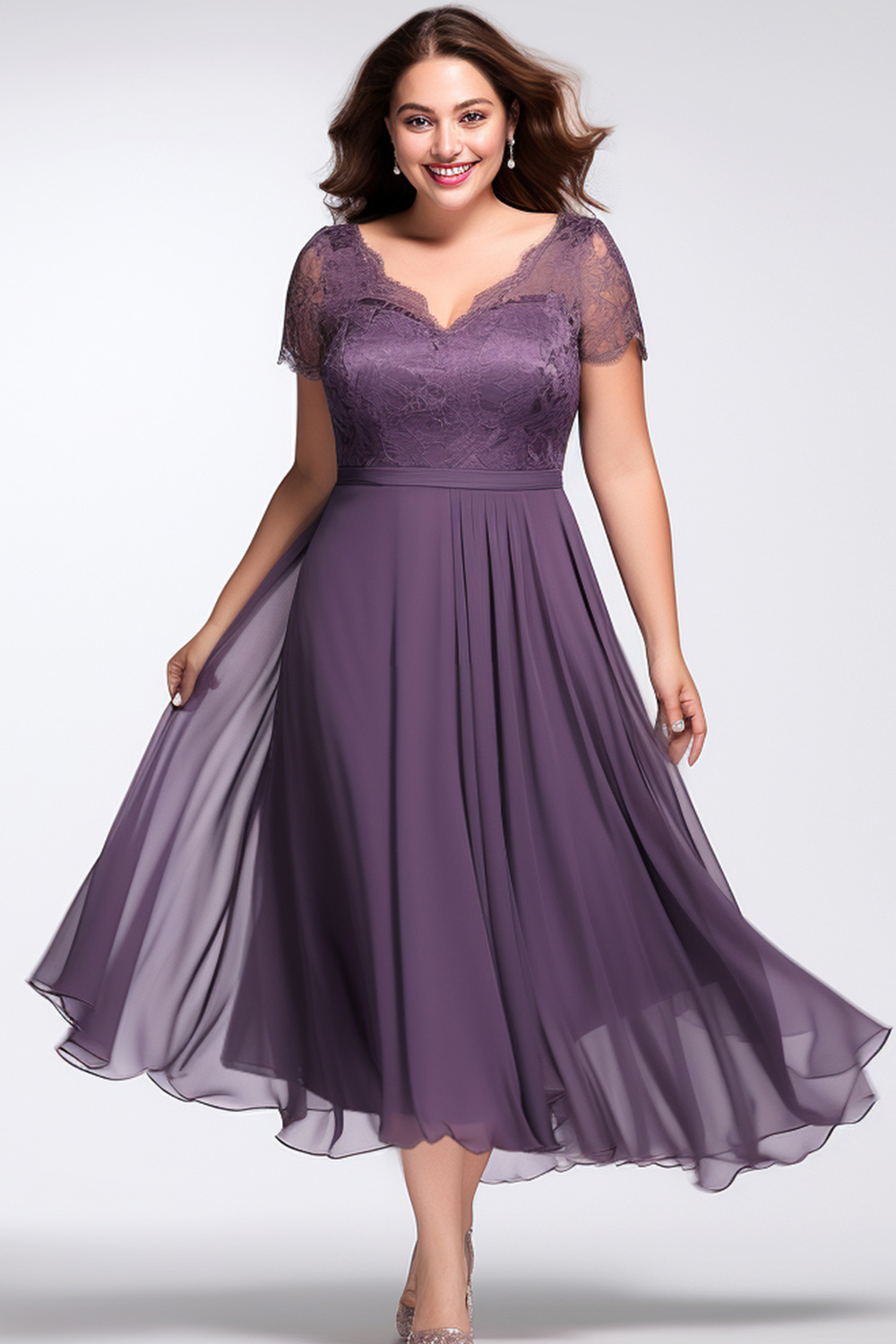 Flycurvy Plus Size Wedding Guest Grape V Neck Lace Tea-length Dress 2024 - Flycurvy 