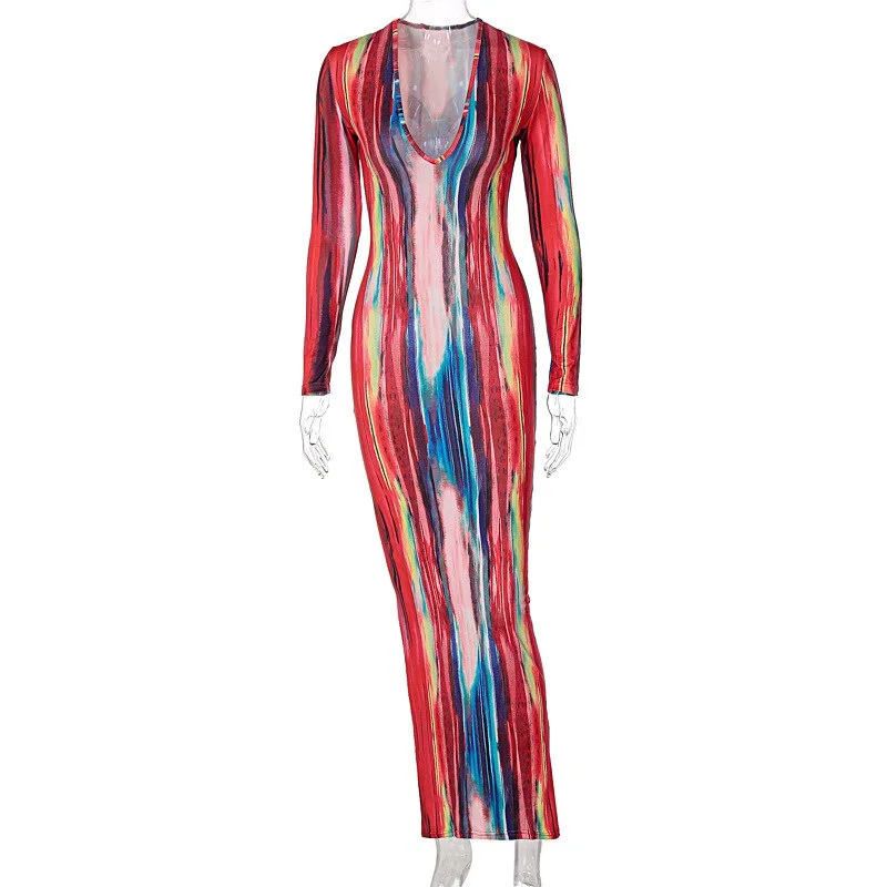 hirigin Tie Dye Stripe Print Sexy Maxi Dress Women Autumn Fashion Vestidos Night Club Party Long Sleeve Bodycon Dresses