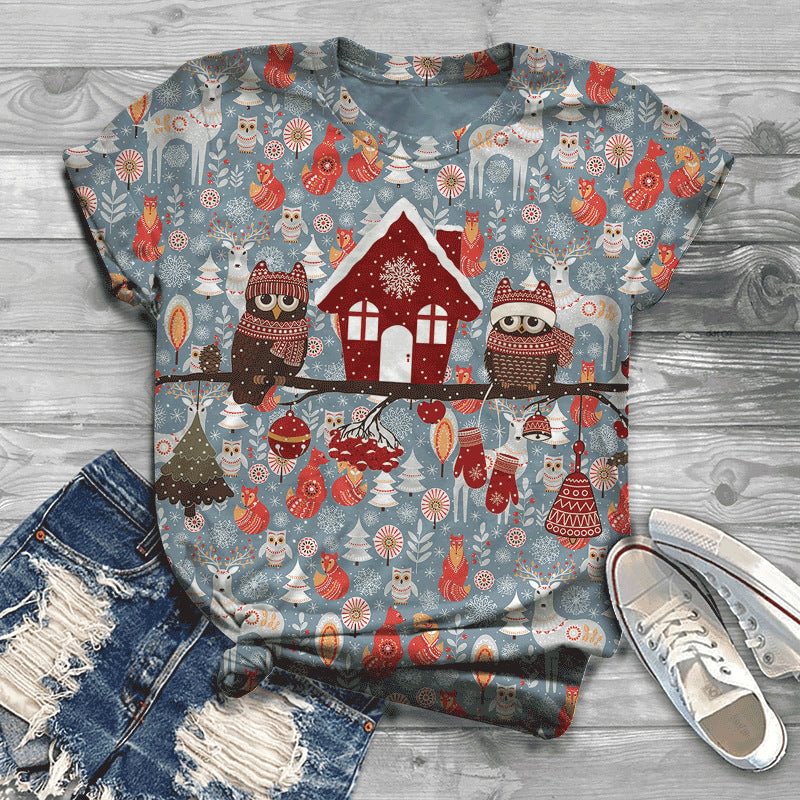 Women Cute Owl Print Casual Christmas Short Sleeve T-shirt