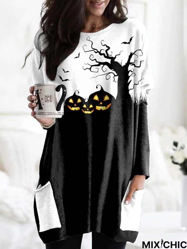 Women's T shirt Tee Tunic Black Graphic Pumpkin Pocket Print Long Sleeve Halloween Weekend Basic Halloween Round Neck Long Floral Abstract Painting S