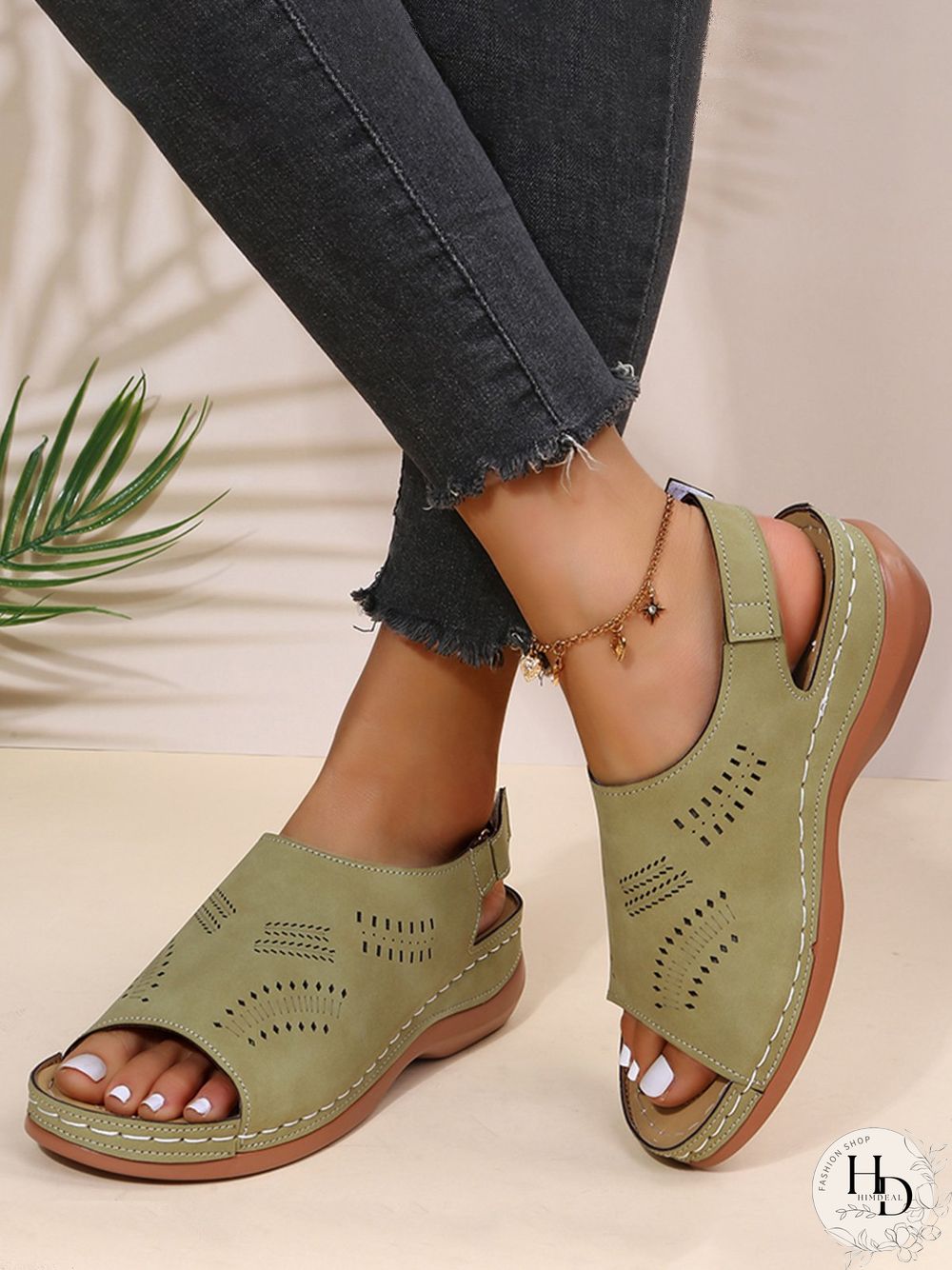 Cutout Velcro Vintage Casual Velcro Wedge Sandals