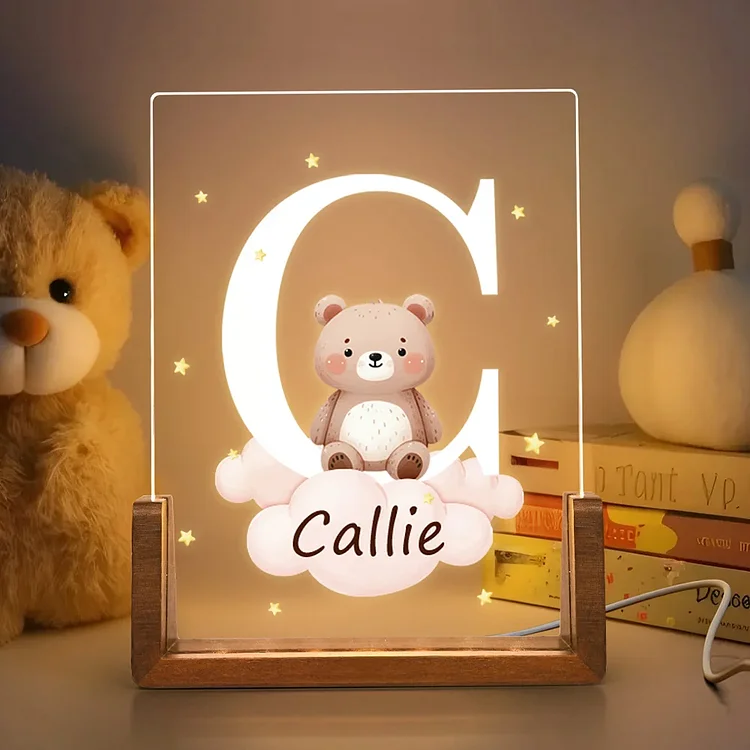 Personalized Cute Forest Animal Acrylic Cloud Star LED Night Light with Wooden Base Name and Initial Birthday Children's Day Gift for Boys Girls