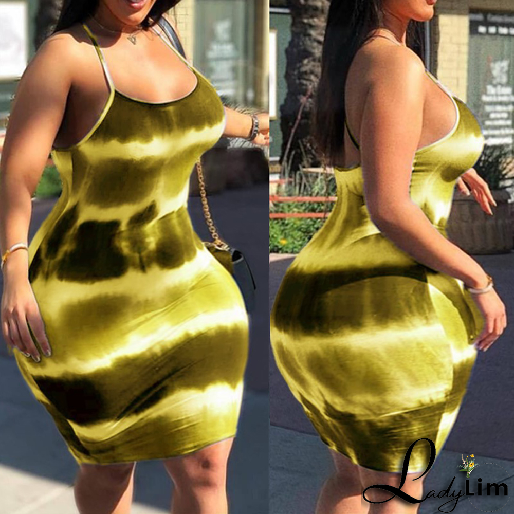 Yellow Fashion Sexy Daily Spaghetti Strap Sleeveless Spaghetti Strap Mini Dress Mini Tie Dye Dresses