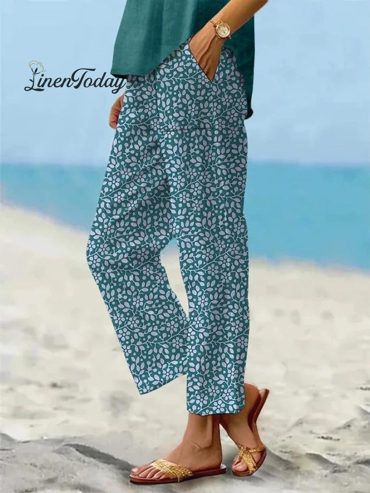 Women’s Vintage Floral Art Printed 100% Cotton Casual Pants Blue / S