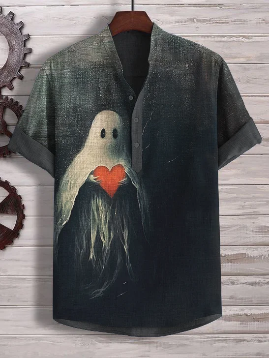 Men's Horrible Halloween Ghost Art Print Half Button Linen Blend Shirt